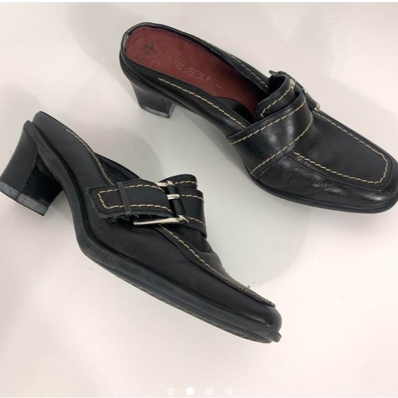 VINTAGE ARTSY BLACK BELTED CLOSED GENUINE LEATHER MULE SMALL HEEL KITTEN HEEL - Picture 2 of 4